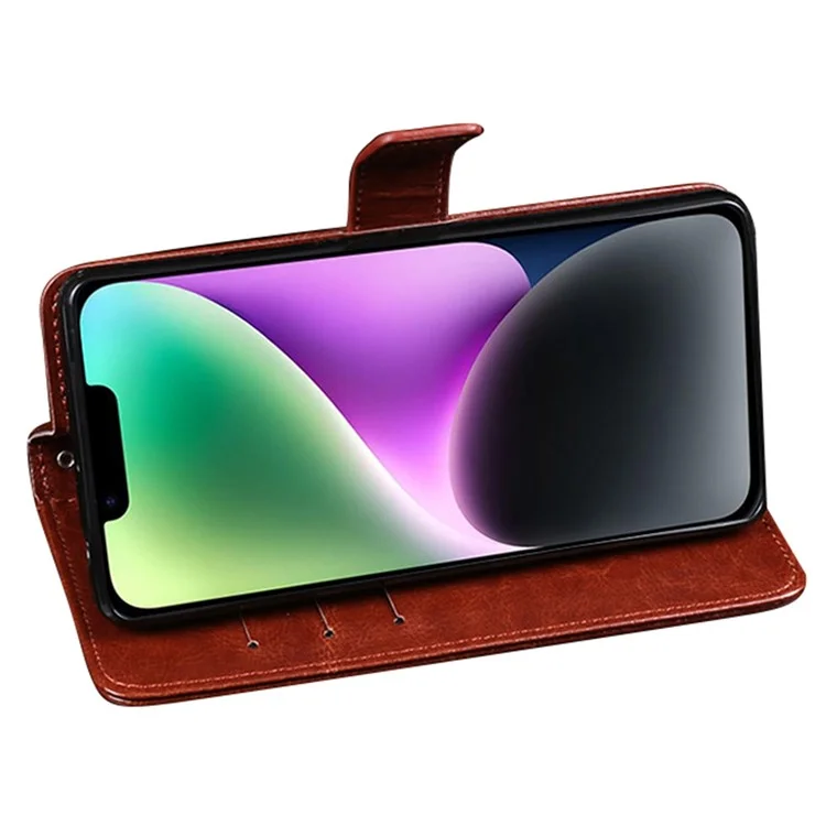 IDEWEI Phone Flip Wallet Case for iPhone 14, Magnetic Closure Crazy Horse Textured Anti-scratch PU Leather Phone Cover Stand - Brown
