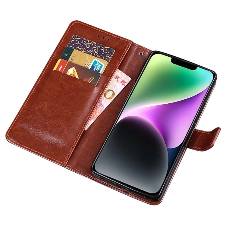 IDEWEI Phone Flip Wallet Case for iPhone 14, Magnetic Closure Crazy Horse Textured Anti-scratch PU Leather Phone Cover Stand - Brown