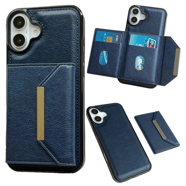Pour L'iphone 16 Bag du Sac de Cartes de Boîtier Kickstand Tpu + pu Téléphone - Saphir