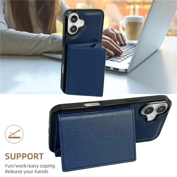 Pour L'iphone 16 Bag du Sac de Cartes de Boîtier Kickstand Tpu + pu Téléphone - Saphir