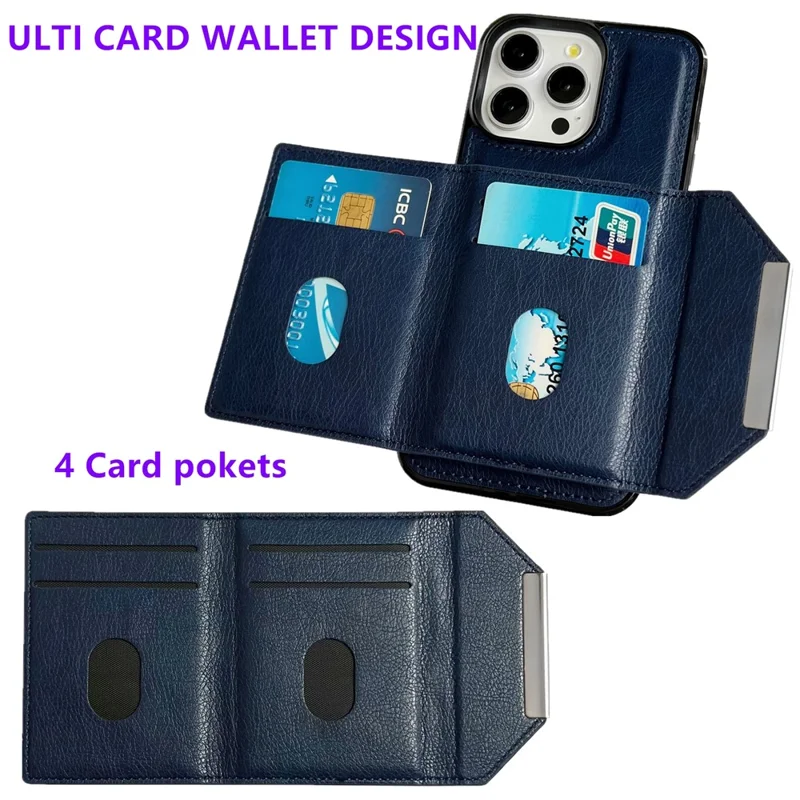 Для Iphone 16 Pro Max Case Card Bag Backstand TPU+PU Phone Cople - Сапфир