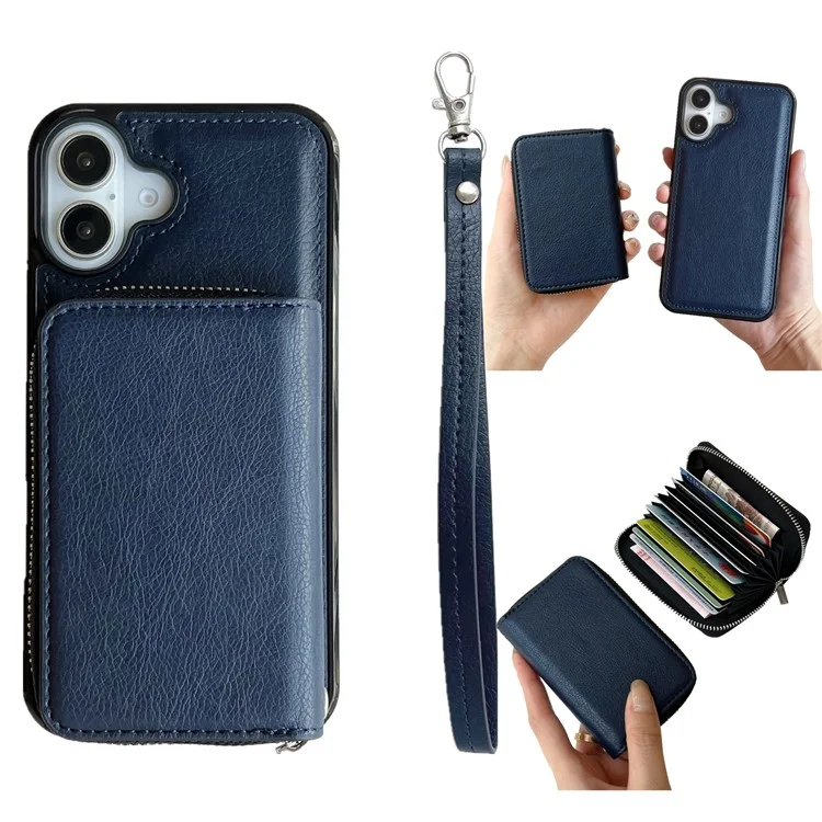 Pour L'iphone 16 Bagure de Carte à Glissière Détachable pu + Tpu Téléphone Téléphone Avec Sangle - Saphir