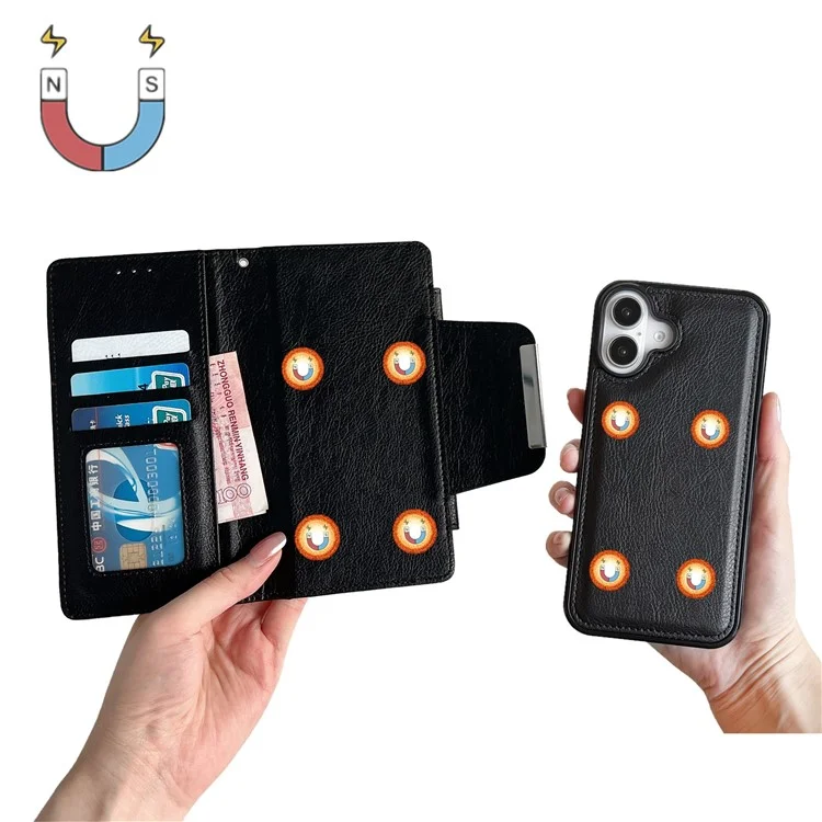 For iPhone 16 Plus Case Detachable 2-in-1 Magnetic Closure PU Leather Wallet Phone Case - Black