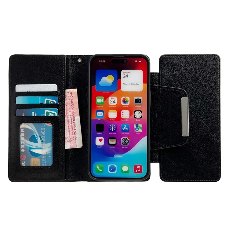 For iPhone 16 Plus Case Detachable 2-in-1 Magnetic Closure PU Leather Wallet Phone Case - Black