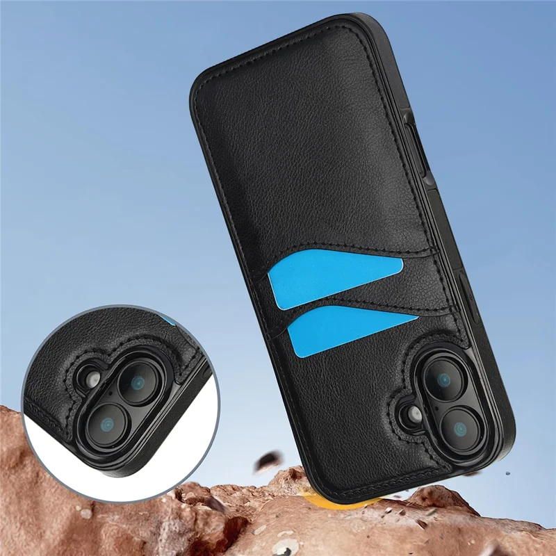 For iPhone 16 Case Card Slot Slim-Fit PU+TPU Mobile Cover - Black
