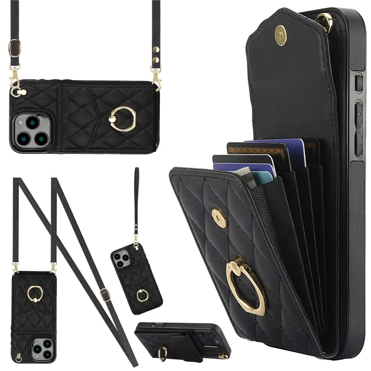 For iPhone 16 Pro Max Case Card Bag Leather+TPU Crossbody Phone Cover with Ring Kickstand - Black