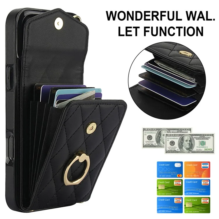 For iPhone 16 Pro Max Case Card Bag Leather+TPU Crossbody Phone Cover with Ring Kickstand - Black