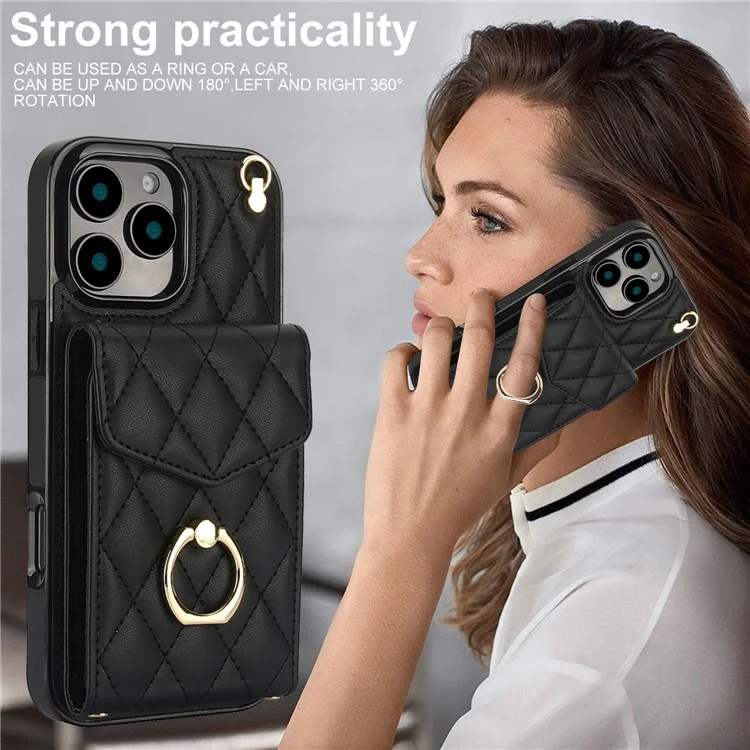 For iPhone 16 Pro Max Case Card Bag Leather+TPU Crossbody Phone Cover with Ring Kickstand - Black
