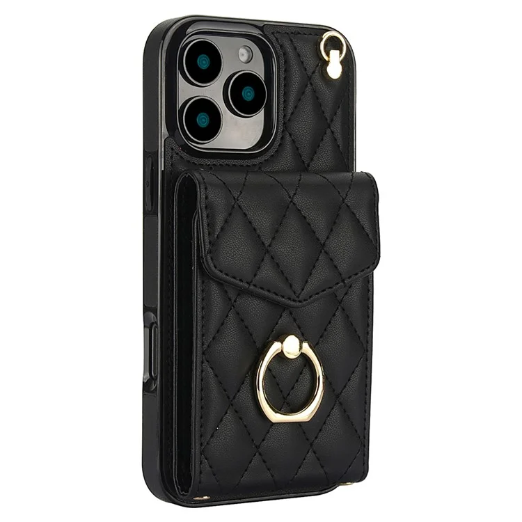 For iPhone 16 Pro Max Case Card Bag Leather+TPU Crossbody Phone Cover with Ring Kickstand - Black
