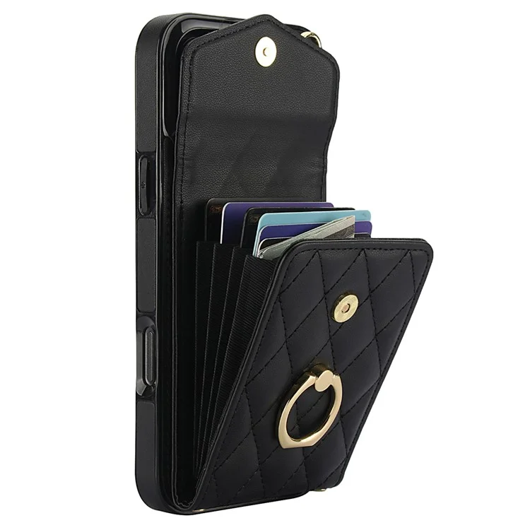 For iPhone 16 Pro Max Case Card Bag Leather+TPU Crossbody Phone Cover with Ring Kickstand - Black