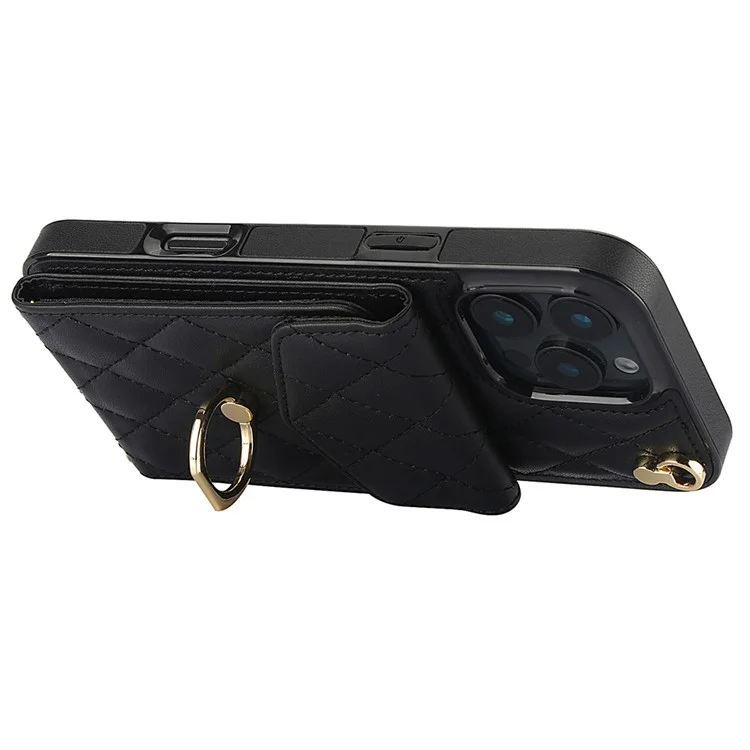 For iPhone 16 Pro Max Case Card Bag Leather+TPU Crossbody Phone Cover with Ring Kickstand - Black