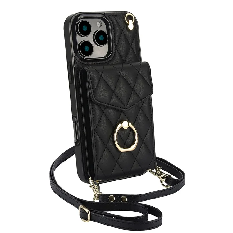 For iPhone 16 Pro Max Case Card Bag Leather+TPU Crossbody Phone Cover with Ring Kickstand - Black