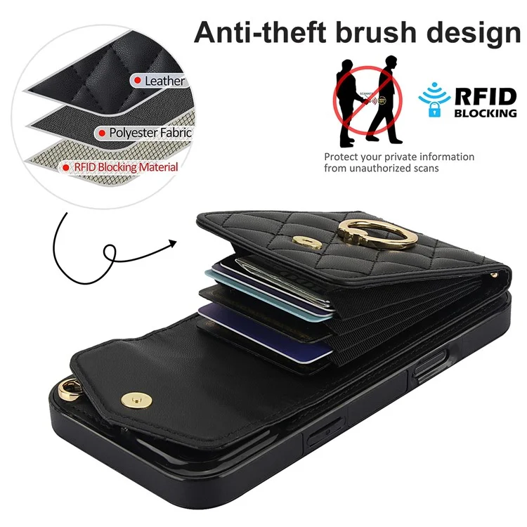 For iPhone 16 Pro Max Case Card Bag Leather+TPU Crossbody Phone Cover with Ring Kickstand - Black