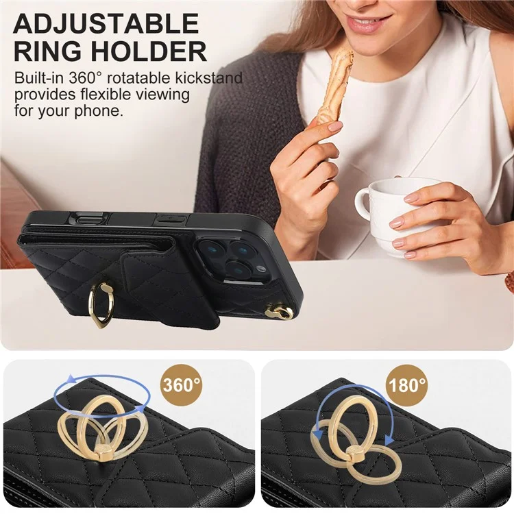For iPhone 16 Pro Max Case Card Bag Leather+TPU Crossbody Phone Cover with Ring Kickstand - Black