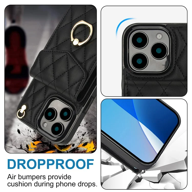 For iPhone 16 Pro Max Case Card Bag Leather+TPU Crossbody Phone Cover with Ring Kickstand - Black