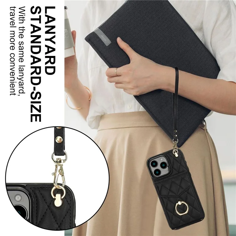 For iPhone 16 Pro Max Case Card Bag Leather+TPU Crossbody Phone Cover with Ring Kickstand - Black