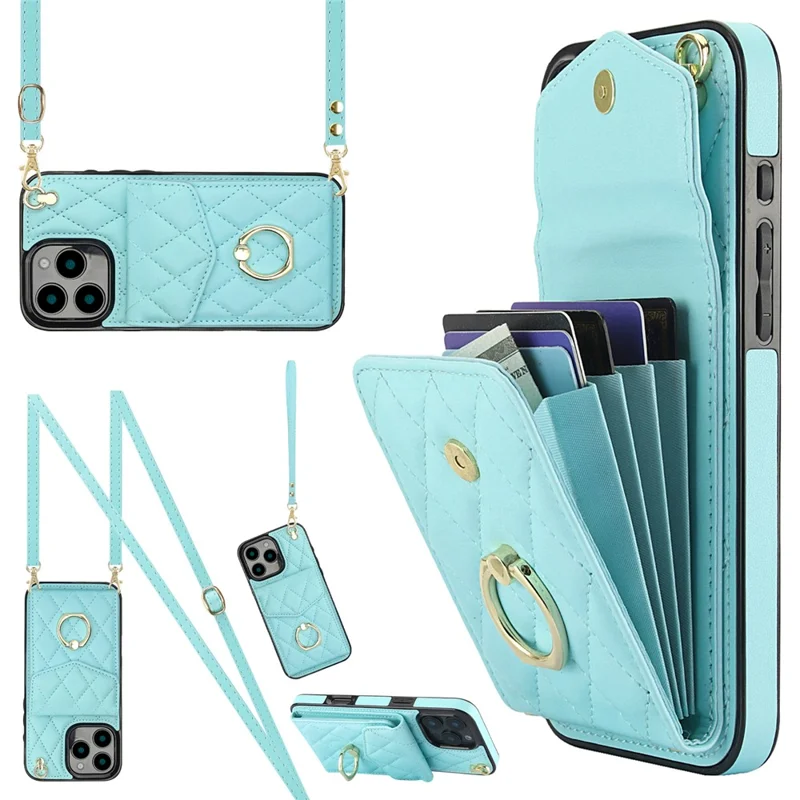 For iPhone 16 Pro Max Case Card Bag Leather+TPU Crossbody Phone Cover with Ring Kickstand - Mint Green