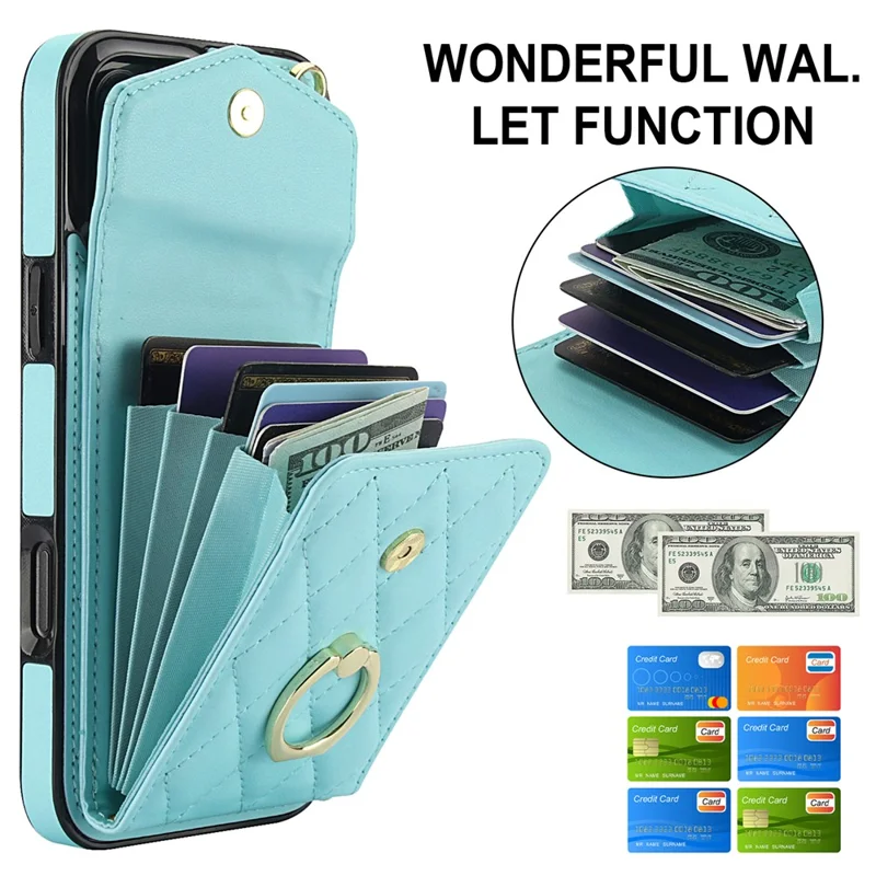 For iPhone 16 Pro Max Case Card Bag Leather+TPU Crossbody Phone Cover with Ring Kickstand - Mint Green