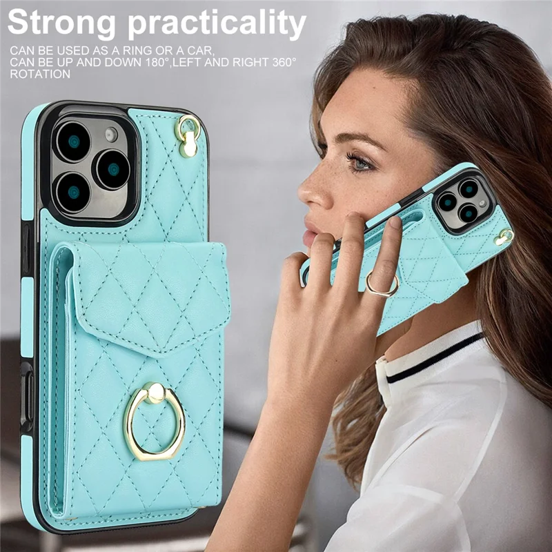 For iPhone 16 Pro Max Case Card Bag Leather+TPU Crossbody Phone Cover with Ring Kickstand - Mint Green