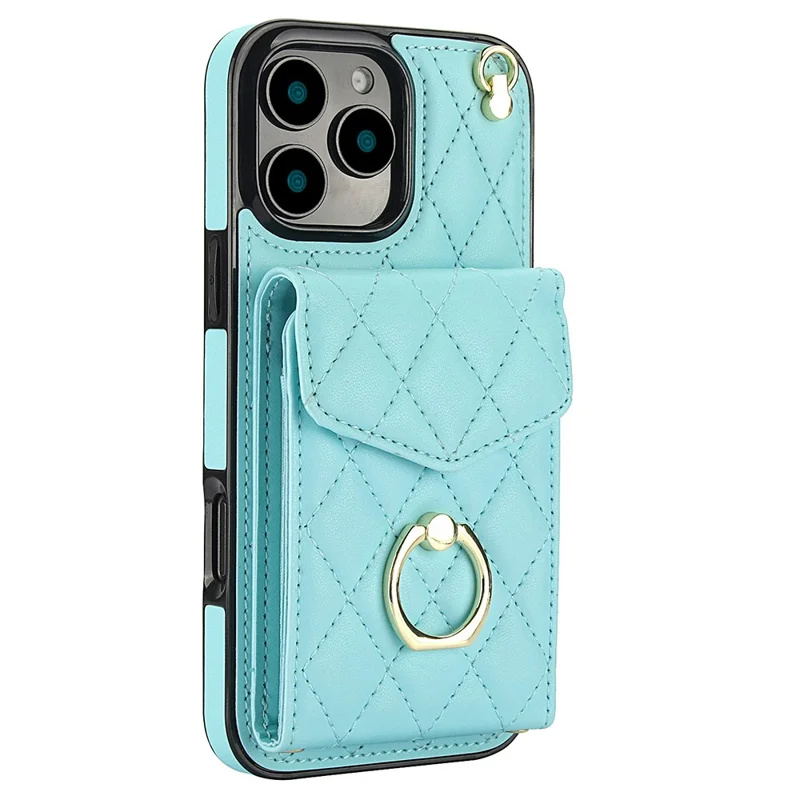 For iPhone 16 Pro Max Case Card Bag Leather+TPU Crossbody Phone Cover with Ring Kickstand - Mint Green