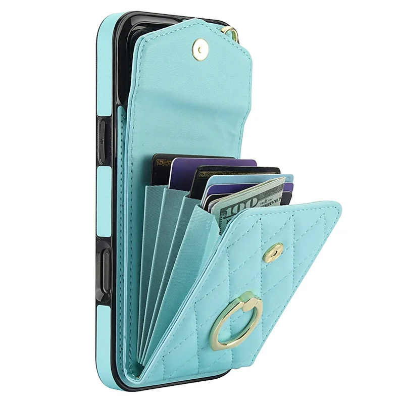 For iPhone 16 Pro Max Case Card Bag Leather+TPU Crossbody Phone Cover with Ring Kickstand - Mint Green