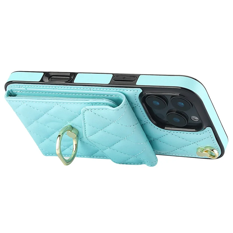 For iPhone 16 Pro Max Case Card Bag Leather+TPU Crossbody Phone Cover with Ring Kickstand - Mint Green