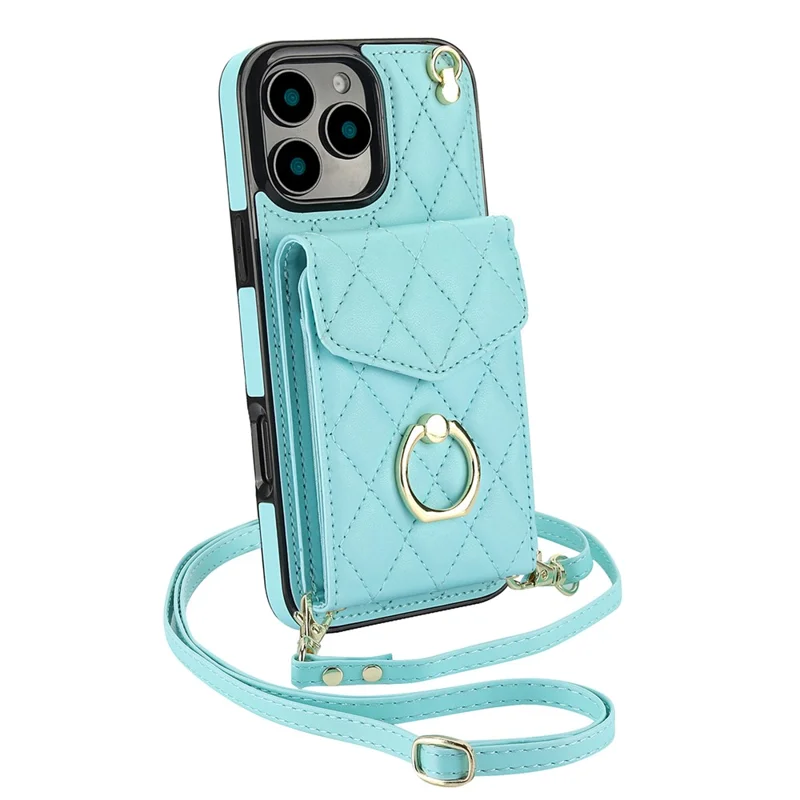 For iPhone 16 Pro Max Case Card Bag Leather+TPU Crossbody Phone Cover with Ring Kickstand - Mint Green