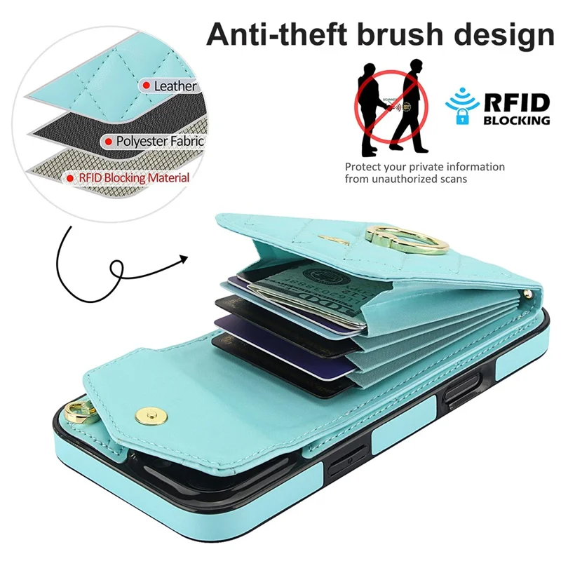 For iPhone 16 Pro Max Case Card Bag Leather+TPU Crossbody Phone Cover with Ring Kickstand - Mint Green