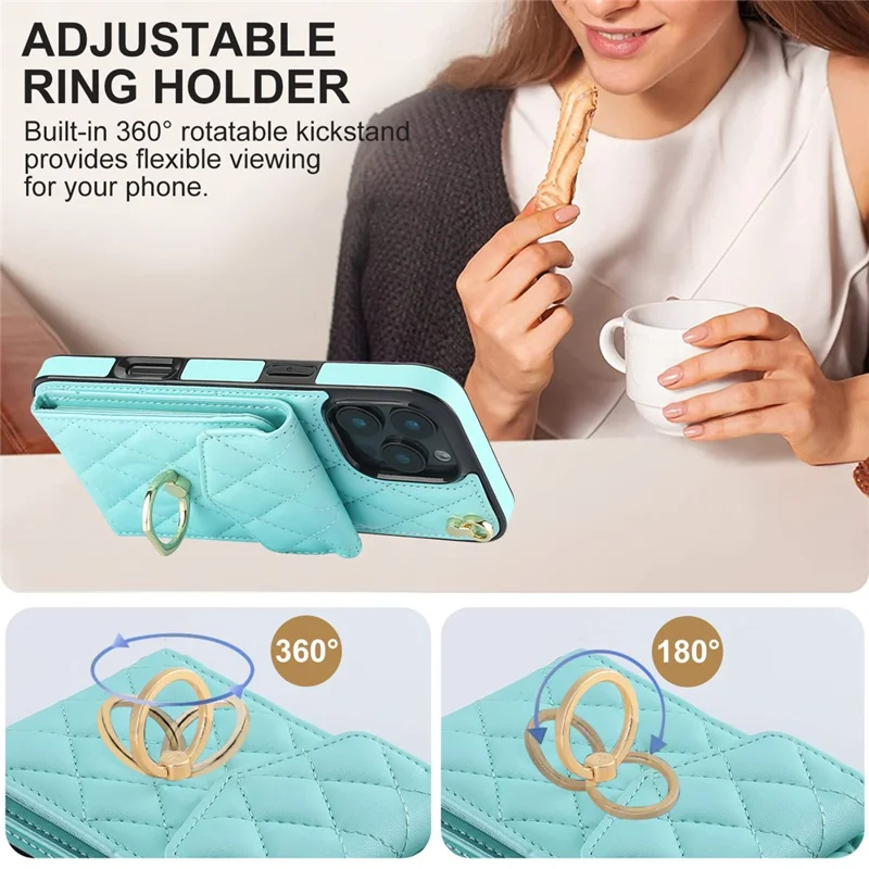 For iPhone 16 Pro Max Case Card Bag Leather+TPU Crossbody Phone Cover with Ring Kickstand - Mint Green