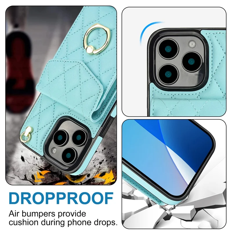 For iPhone 16 Pro Max Case Card Bag Leather+TPU Crossbody Phone Cover with Ring Kickstand - Mint Green