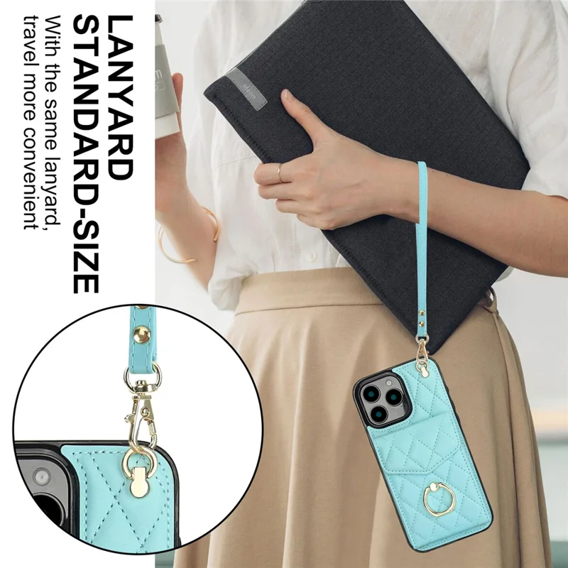 For iPhone 16 Pro Max Case Card Bag Leather+TPU Crossbody Phone Cover with Ring Kickstand - Mint Green