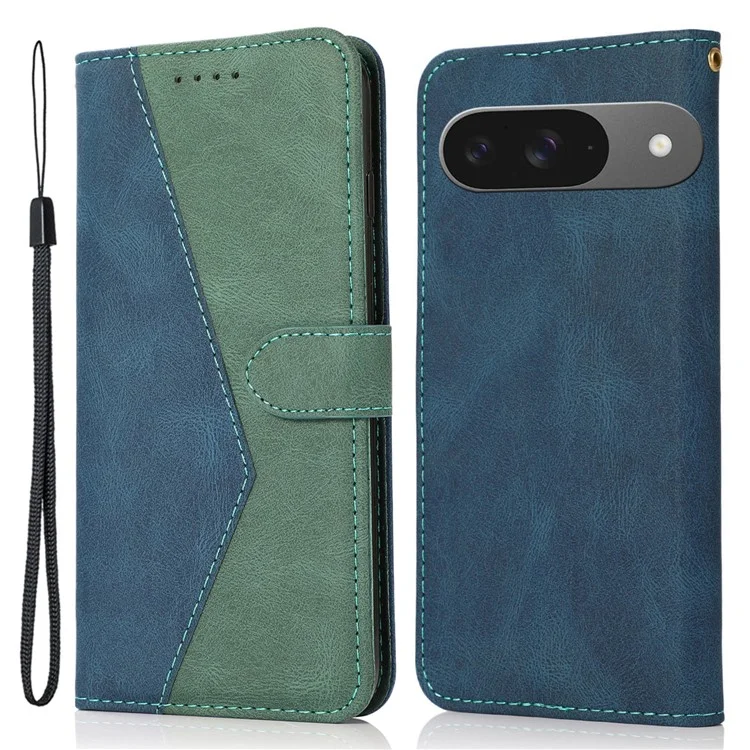 Pour Google Pixel 9 / Pixel 9 Pro Cover Couleur D'épissage Portefeuille Support de Téléphone en Cuir Avec Sangle de Poignet - Bleu + Vert