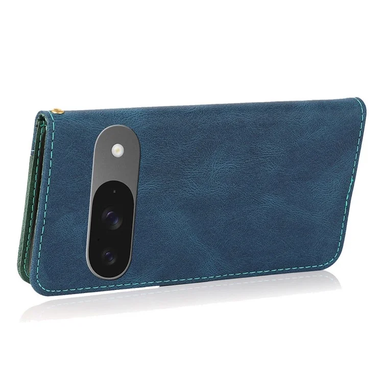 Pour Google Pixel 9 / Pixel 9 Pro Cover Couleur D'épissage Portefeuille Support de Téléphone en Cuir Avec Sangle de Poignet - Bleu + Vert