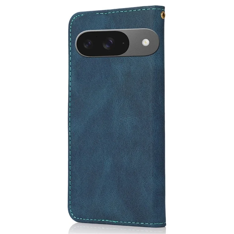 Pour Google Pixel 9 / Pixel 9 Pro Cover Couleur D'épissage Portefeuille Support de Téléphone en Cuir Avec Sangle de Poignet - Bleu + Vert
