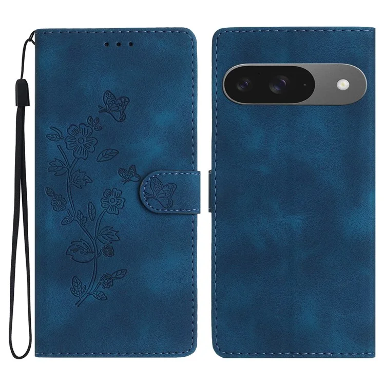 Para o Google Pixel 9 / Pixel 9 Pro Case Case Leather Impresso Flower Phone Coberlet Com Pulseira de Pulso - Azul