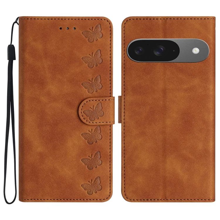 Для Google Pixel 9 / Pixel 9 Pro Case Imprinted Butterfly Leather Wallet Cover Phone - Коричневый