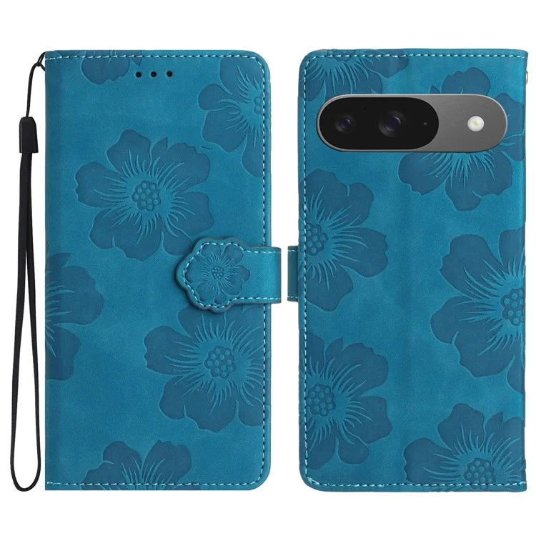 Para o Google Pixel 9 / Pixel 9 Pro Case Design Flor Design de Couro Tampa do Telefone Com Pulseira - Azul