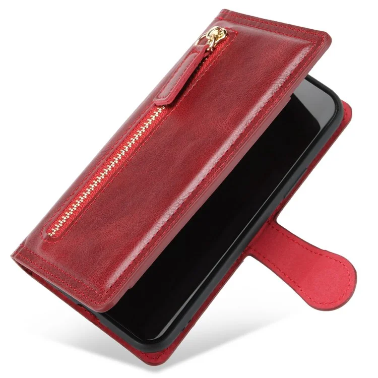 Tampa do Telefone à Prova de Choque Para Iphone 13 Pro Máximo de 6,7 Polegadas, PU Zipper Pocket Pocket Phone Wallet Stand Stand - Vermelho