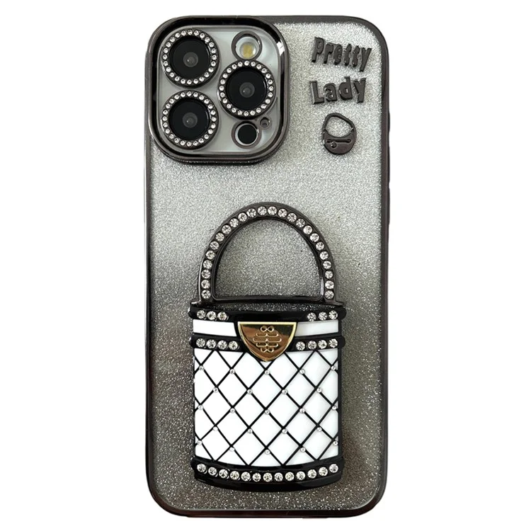 Para Iphone 15 Pro Max Case Mirror Kickstand TPU+PC Gradiente Glitter Cubierta de Teléfono - Negro