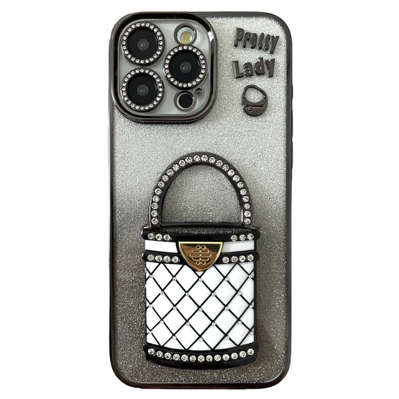 For iPhone 16 Pro Max Case Mirror Kickstand TPU+PC Gradient Glitter Phone Cover - Black
