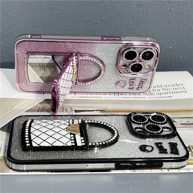 Para Iphone 15 Pro Case Mirror Kickstand TPU+PC Gradient Glitter Tele - Preto