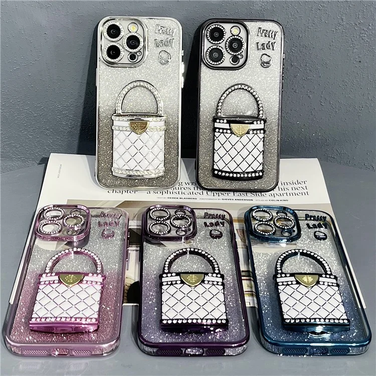 Para Iphone 15 Pro Case Mirror Kickstand TPU+PC Gradient Glitter Tele - Preto