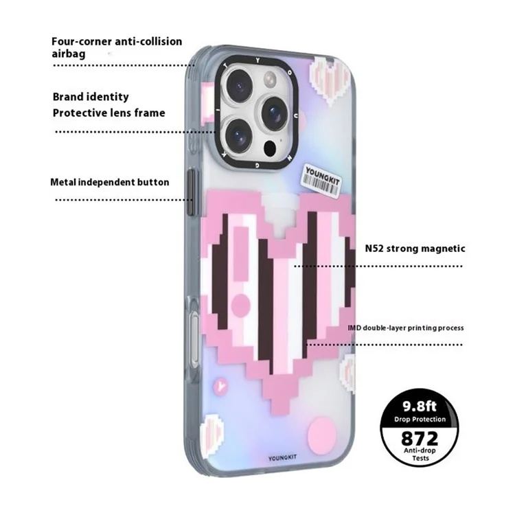 Серия Youngkit Pixel Heart Для Iphone 16 Pro Magnetic Case IMD TPU Mobile Back Cover Design - Розовый