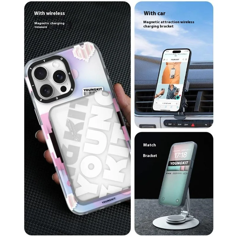 YOUNGKIT Pixel Heart Series for iPhone 16 Pro Max Magnetic Case IMD TPU Mobile Back Cover Design - Green