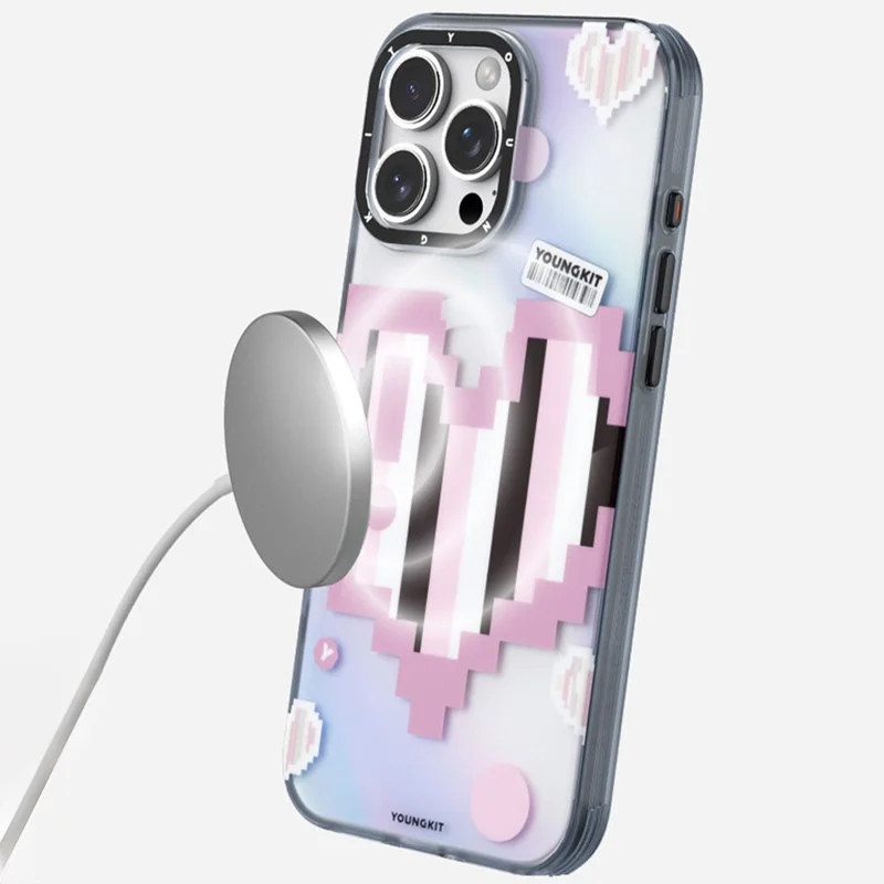 YOUNGKIT Pixel Heart Series for iPhone 16 Pro Max Magnetic Case IMD TPU Mobile Back Cover Design - Green