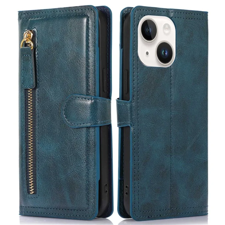 Étui de Téléphone Anti-bas Pour Iphone 14 Plus Portefeuille de Poche à Glissière Stand à Gratter en Cuir PU à Revers de Téléphone Avec Boucle Magnétique - Bleu