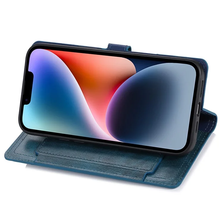 Étui de Téléphone Anti-bas Pour Iphone 14 Plus Portefeuille de Poche à Glissière Stand à Gratter en Cuir PU à Revers de Téléphone Avec Boucle Magnétique - Bleu