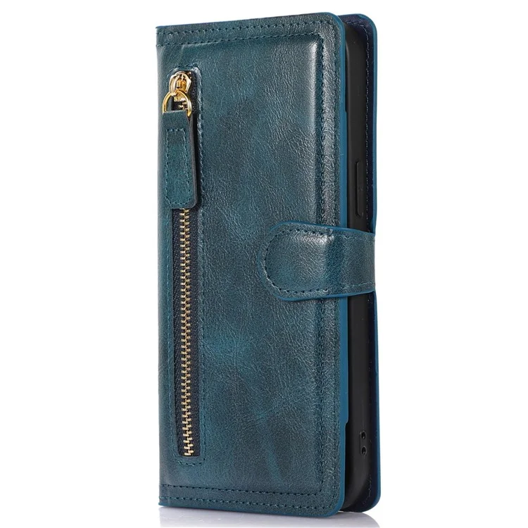 Étui de Téléphone Anti-bas Pour Iphone 14 Plus Portefeuille de Poche à Glissière Stand à Gratter en Cuir PU à Revers de Téléphone Avec Boucle Magnétique - Bleu