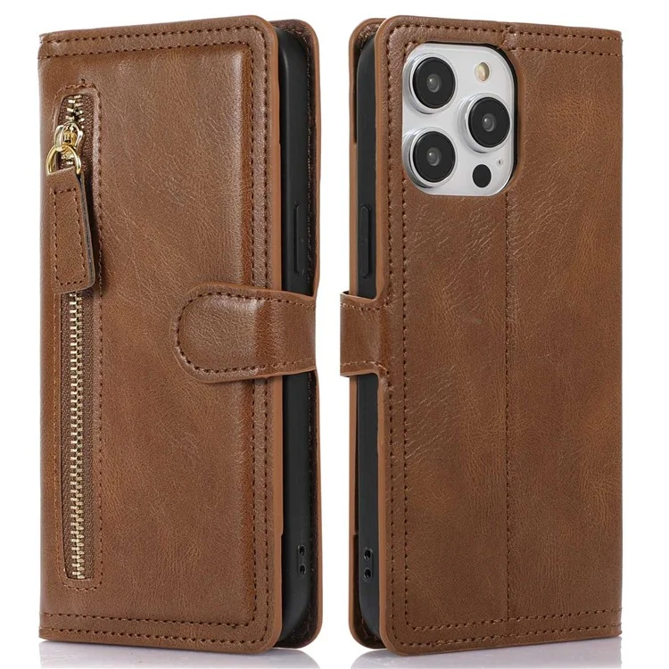 For iPhone 14 Pro Anti-scratch Zipper Pocket Phone Case Shockproof PU Leather Phone Flip Wallet Cover Stand with Magnetic Buckle - Brown