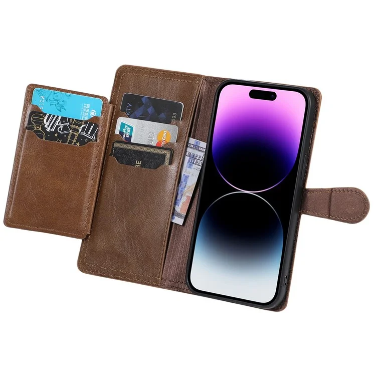 For iPhone 14 Pro Anti-scratch Zipper Pocket Phone Case Shockproof PU Leather Phone Flip Wallet Cover Stand with Magnetic Buckle - Brown